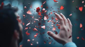A man reaches out as fragments of red hearts float around him in a serene outdoor setting during twilight photo