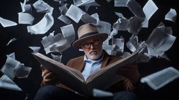 An elderly man in a hat immersed in a book as pages swirl around him in a dark, dramatic setting photo