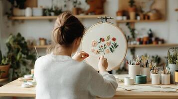 Artist creating floral embroidery in a cozy studio filled with plants and art supplies during a serene afternoon photo