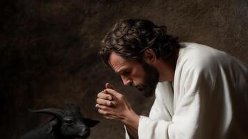 A solemn moment of reflection between a man and a goat in a dimly lit space photo