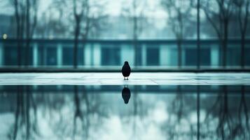 A solitary bird stands on a reflective surface in an urban setting during a foggy morning photo