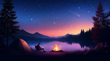 A serene evening by the lake with a camper reading under the stars amidst a peaceful forest and tranquil waters photo