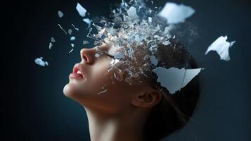 A woman in a contemplative pose with fragmented thoughts illustrated by shattered geometric shapes during a dark moment photo