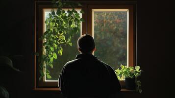 A person gazes contemplatively out a window surrounded by greenery in a serene indoor setting during the golden hour photo