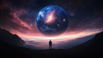 A person gazes at a massive, colorful planet hovering over a serene landscape during twilight in an otherworldly setting photo