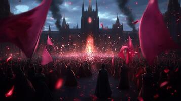 A vibrant gathering of a crowd with pink flags celebrating amidst smoke and sparks at sunset in a historic plaza photo