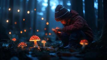 A child explores glowing mushrooms in a mystical forest at twilight, captivated by the enchanting surroundings and soft light photo
