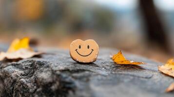 A cheerful stone with a smiley face rests on a rock amidst fallen autumn leaves in a serene outdoor setting photo