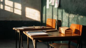 Empty classroom with wooden desks and sunlight filtering through the windows, creating a warm and inviting study atmosphere photo