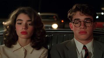 A young couple sitting silently in a car on a retro street at night with vintage vehicles in the background, conveying an air of nostalgia photo