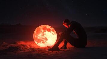 A person sits on barren ground gazing at a large glowing moon during a tranquil night in a desolate landscape photo