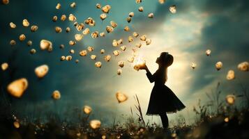 A girl in a black dress playfully catches floating golden orbs at dusk in a serene field photo