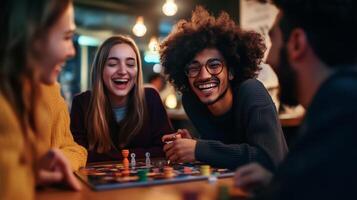Friends enjoying a lively board game night at a cafe, sharing laughs and good times during a cozy evening photo