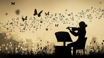 A violinist playing melodious tunes in a serene outdoor setting filled with butterflies and musical notes during twilight photo