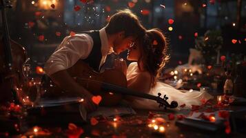 A romantic moment shared between a couple surrounded by rose petals and warm candlelight in an intimate setting at night photo