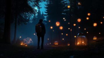 A lone figure explores a magical forest illuminated by glowing lanterns during twilight in an enchanting autumn setting photo