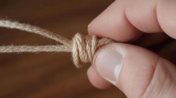 Demonstrating a close-up view of hands tying a knot with natural twine on a wooden surface in a home crafting setting photo