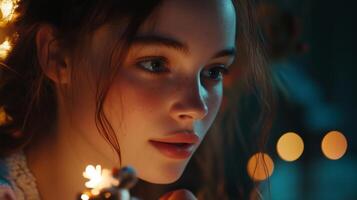 Young girl gazes intently while holding a sparkler adorned with lights during a festive evening celebration photo