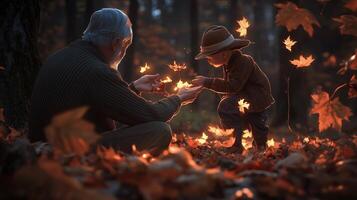 A serene autumn moment between a grandfather and grandson in a forest, sharing falling leaves during a golden evening light photo