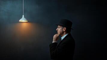A thoughtful man in a hat contemplates under a single light bulb in a dark room during an evening setting photo