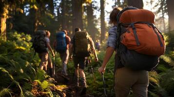 Hikers navigate a lush forest trail during golden hour in the Pacific Northwest, surrounded by tall trees and vibrant ferns photo