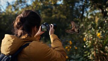 A person captures a bird in flight while exploring a vibrant nature setting with autumn foliage in a lush park during daylight photo