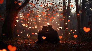 A couple sharing a romantic moment under falling heart-shaped leaves in a serene forest at twilight photo