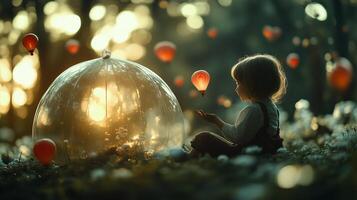 A child sits under a glass dome surrounded by floating balloons in a serene forest at sunset photo