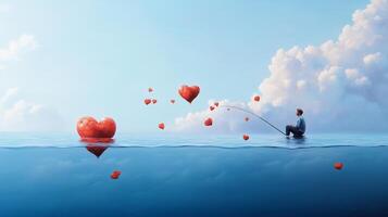 A serene fisherman casts his line into calm waters filled with floating hearts during a peaceful dawn photo