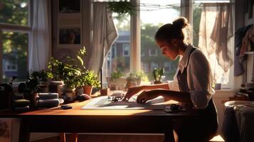 Artistic woman engaged in creative work at a sunlit table filled with plants, sketching and drawing in a cozy home studio photo