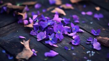 Vibrant violet petals scattered on a rustic wooden surface during springtime, creating a beautiful natural display photo