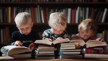 Three young children deeply engaged in reading books while sitting at a table surrounded by stacks of literature in a cozy library photo