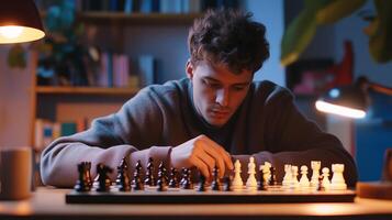 A young man thoughtfully playing chess at a cozy table in a warmly lit room during evening hours photo