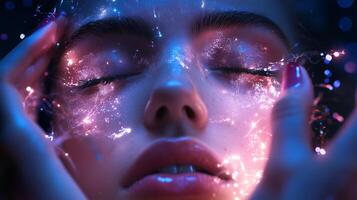 A close-up view of a woman with sparkling light effects around her face, capturing a moment of tranquility and beauty photo