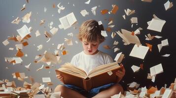 A young child immersed in reading a large book, surrounded by floating pages in a creative and imaginative setting photo