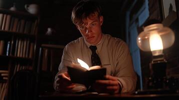 Young man reading a book by the light of an antique lamp in a cozy room filled with shelves of books in evening hours photo