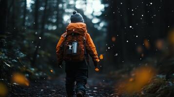 A child walks through a serene forest trail during autumn, enjoying the tranquil atmosphere and falling leaves in the cool air photo