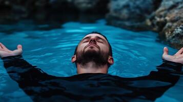A man relaxes in a tranquil blue pool surrounded by stones, enjoying a peaceful moment in nature during late afternoon photo