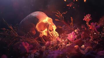 A glowing skull surrounded by vibrant flowers and foliage in a mystical setting, illuminated by soft light photo