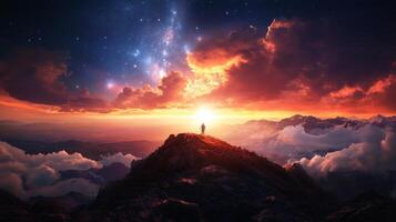 A lone figure stands on a mountain peak at sunset, surrounded by vibrant clouds and a starry sky in the evening photo
