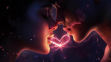 Romantic moment between two individuals creating a glowing heart shape at dusk against a dark background photo