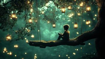 A child reads quietly on a tree branch surrounded by glowing lanterns in a mystical forest at twilight photo