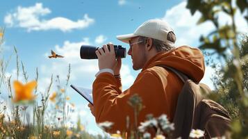 A nature enthusiast documents wildlife while photographing beautiful flowers in a vibrant meadow during a sunny afternoon photo