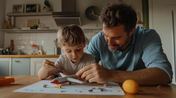 Father and son enjoying creative playtime together while building a model airplane in their cozy kitchen during the afternoon photo