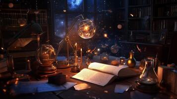 A magical study filled with glowing orbs, books, and laboratory equipment under a starry night sky in a cozy, mysterious setting photo