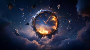 A fantastical clock surrounded by exploding rocks and clouds depicts the passage of time and cosmic elements at twilight photo