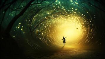 A child dances in a mystical forest filled with glowing lights during twilight photo