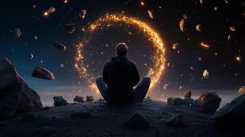 A person sits on rocky terrain, gazing at a glowing cosmic portal surrounded by floating asteroids during a tranquil evening photo