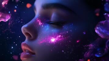 A serene portrait of a young woman with cosmic elements gracefully blended into her features, creating a dreamy night sky effect photo
