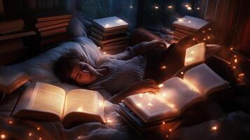 A cozy evening with magical glowing books illuminating a reader nestled in bed surrounded by a warm, inviting atmosphere photo